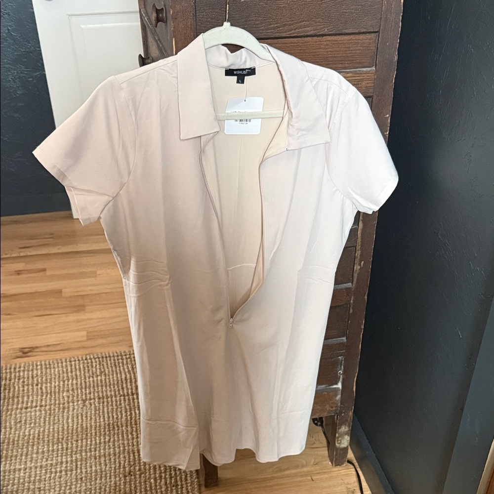 Beige Short Sleeve Button-Up Dress